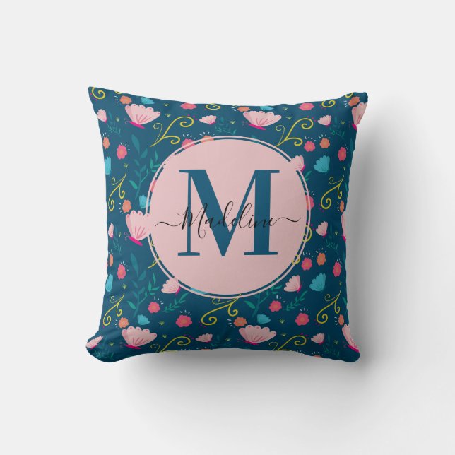 Coussin Chic Bleu Marine Rose Papillon Fleur Monogramme (Recto)