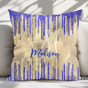 Coussin Chic bleu royal paillettes dorées monogramme