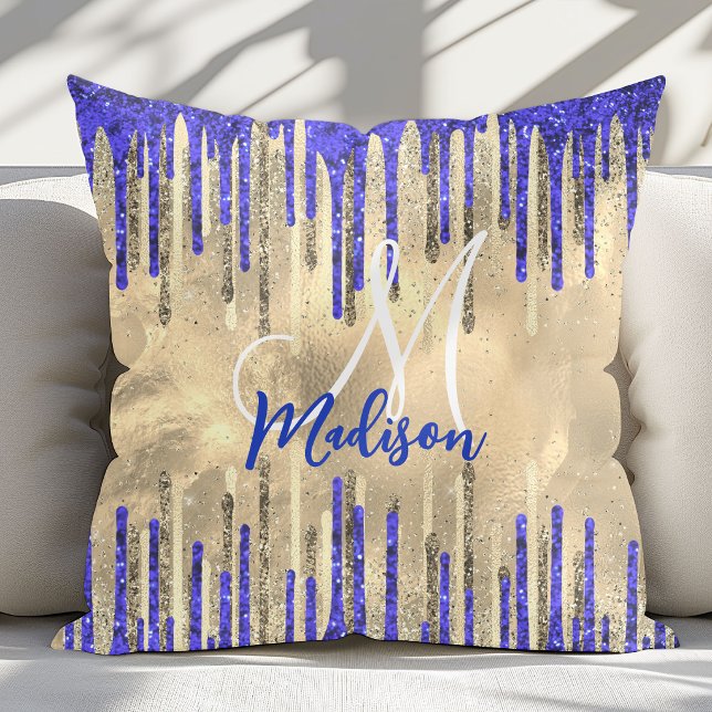 Coussin Chic bleu royal paillettes dorées monogramme (Créateur téléchargé)