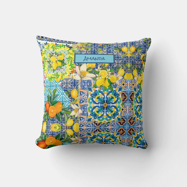 Coussin Chic blue turquoise sicilian citrus floral tiles  (Recto)