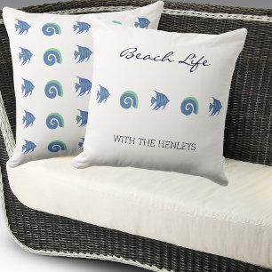 Coussin Chic Blue White Shells et Fish Family Beach House