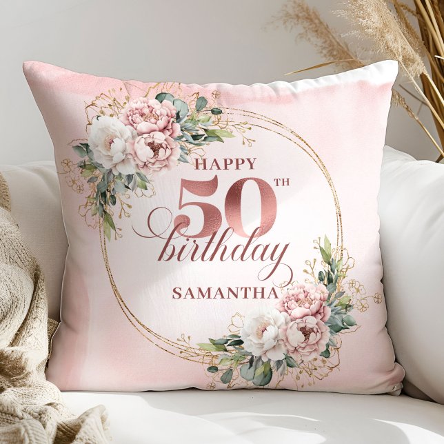 Coussin Chic Blush Pink Greenery 50th Birthday Pillow Gift (Chic Blush Pink Greenery 50th Birthday Pillow Gift)