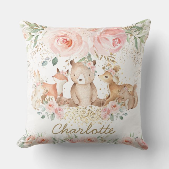 Coussin Chic Bois Animaux Blush Floral Nouveau bébé fille (Recto)
