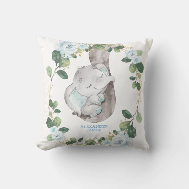 Coussin Chic Botanique Bleu Floral Elephant Boy Nursery (Recto)