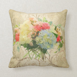 Coussin Chic Coral Rose Blue Hydrangea Floral Gold Damask