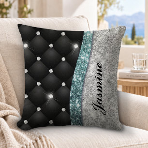 Coussin Chic déco faux paillettes argent noir sarcelle mon