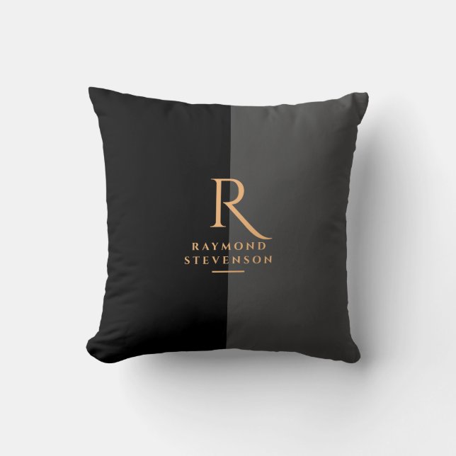 Coussin Chic Élégant Moderne Noir Or Monogrammé (Recto)