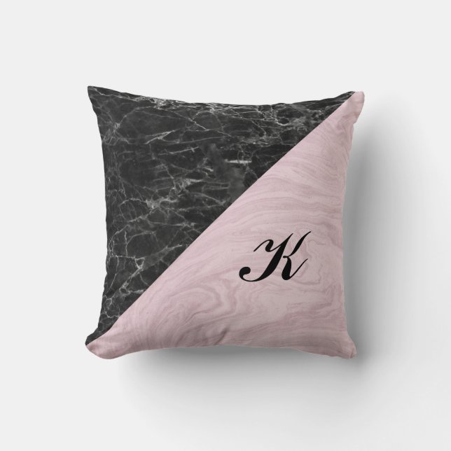 Coussin Chic Elegant noir marbre rose Monogramme (Recto)