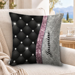 Coussin Chic et girly faux paillettes argent noir monogram