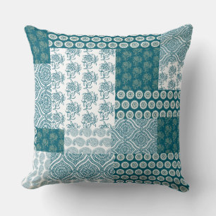Coussin Chic ethnique Faux Patchwork Motif, Turquoise et b