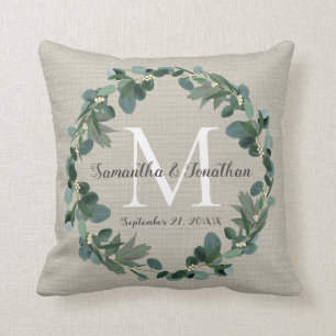 Coussin Chic Eucalyptus Wreath Monogramme Mariage Keepsaké