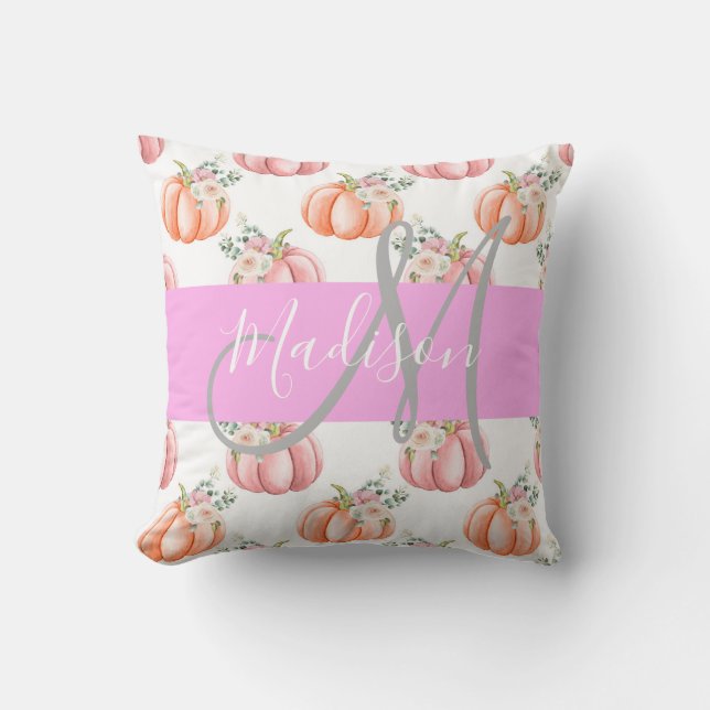 Coussin Chic Fleur Blanche Rose Pêche Citrouille Monogramm (Recto)