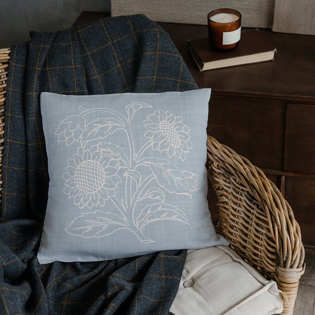 Coussin Chic Fleurs De Soleil Botanique En Ivoire Sur Bleu (Créateur téléchargé)