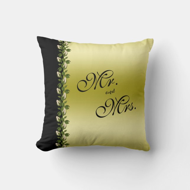 Coussin Chic Floral Romantique Or & Noir Mr & Mme (Recto)