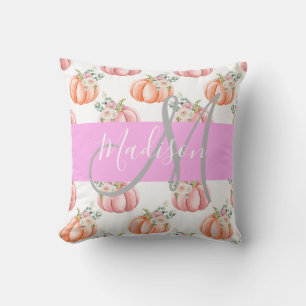 Coussin Chic Floral White Peach Citrouille Monogramme Nom