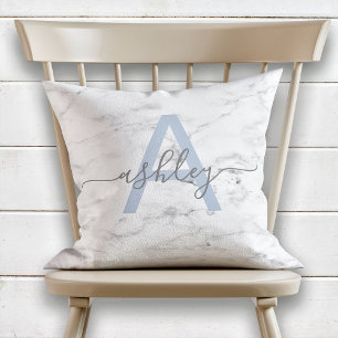 Coussin Chic Français Blue & Grey Marble Nom Monogramme
