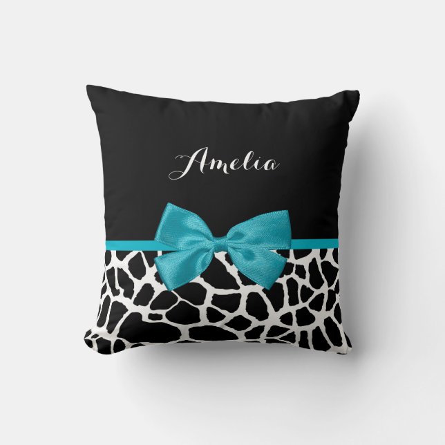 Coussin Chic Giraffe Imprimer Aqua Blue Ribbon Bow Nom (Recto)