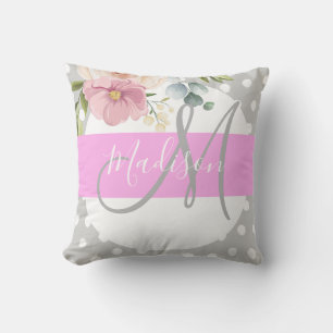 Coussin Chic & Girl Floral White Pink Gray Nom du monogram
