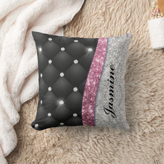 Coussin Chic girly faux parties scintillant argent noir ro (Couverture)