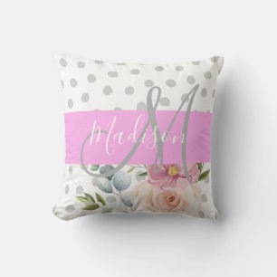 Coussin Chic & Girly Floral Blanc Rose Gris Monogramme Nom