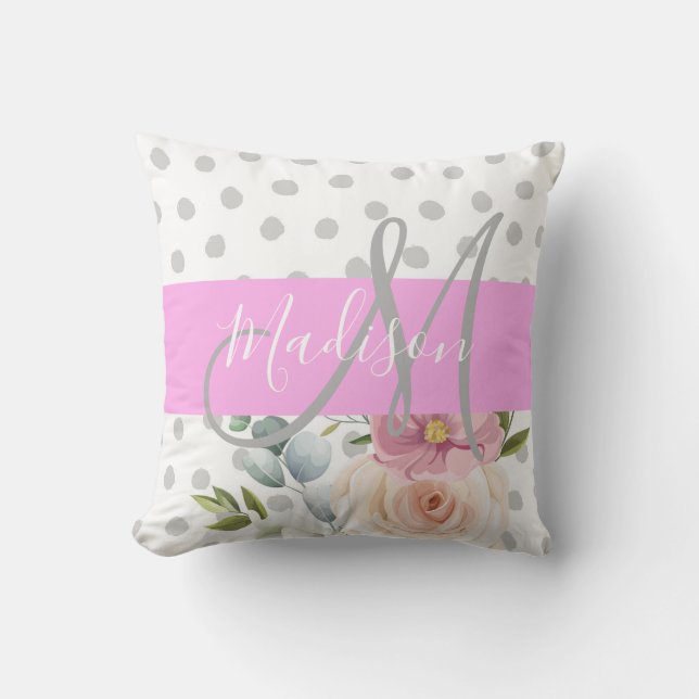 Coussin Chic & Girly Floral Blanc Rose Gris Monogramme Nom (Recto)