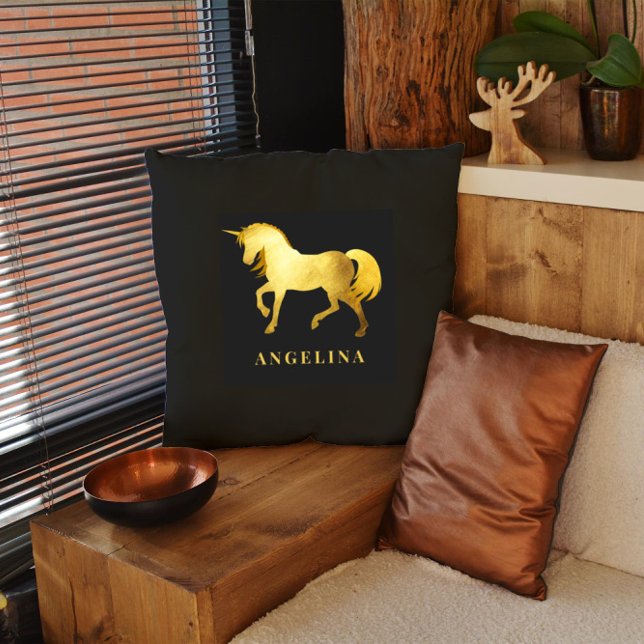 Coussin Chic Girly Luxury Black Gold Unicorn Personnalisé (Créateur téléchargé)