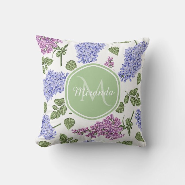 Coussin Chic Lavande Lilac Floral Pastel Vert Monogramme (Recto)