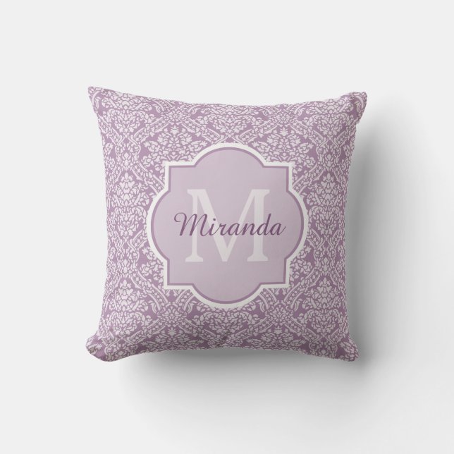 Coussin Chic Lavande Purple Damask Monogramme Avec Nom (Recto)