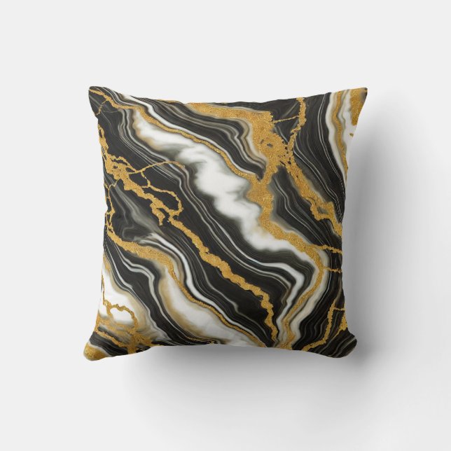 Coussin Chic Marbre Noir Blanc Or Look Glamor (Verso)