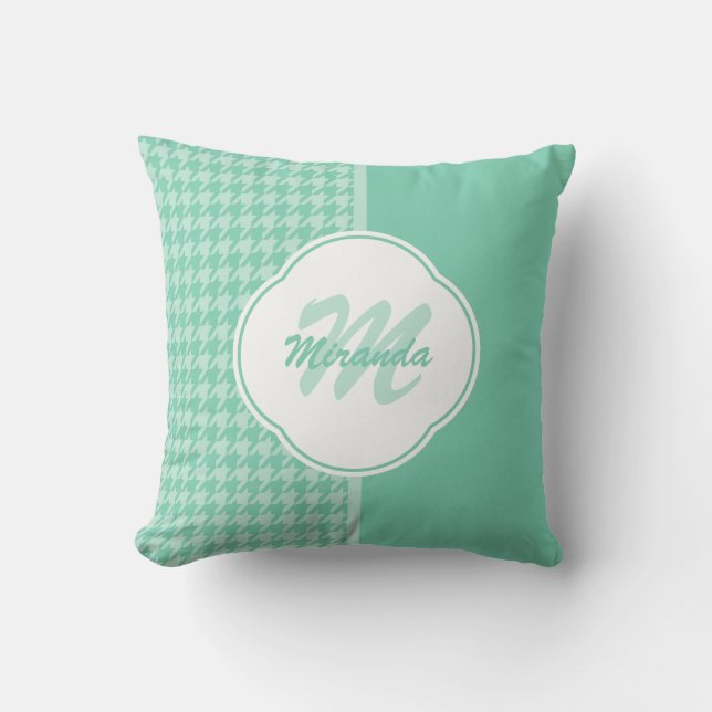 Coussin Chic Mint Green Houndstooth avec Monogramme et nom (Recto)