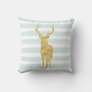 Coussin Chic Mint Watercolor Stripes Gold Deer