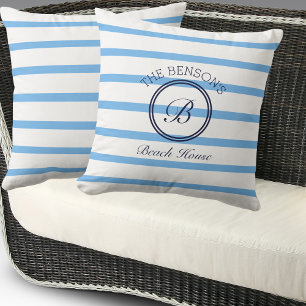 Coussin Chic Monogram Blue Stripes Nom de famille Beach Ho