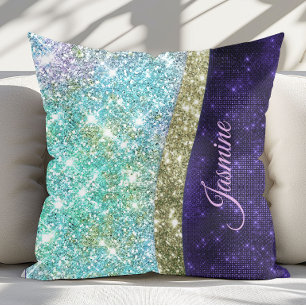Coussin Chic monogramme iridescent violet bleu faux paille