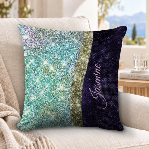 Coussin Chic monogramme iridescent violet bleu faux paille