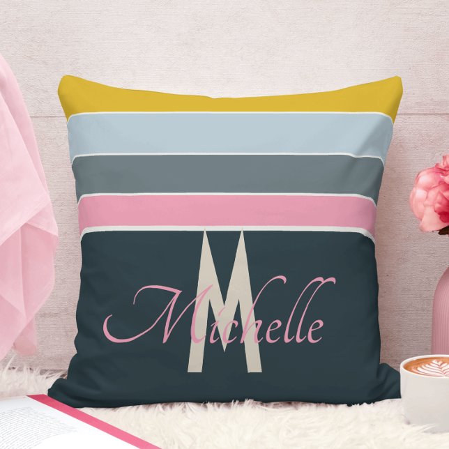 Coussin Chic Monogrammé Rose & Bleu Marine Turquoise Rayé (Créateur téléchargé)