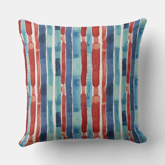 Coussin Chic motif aquarelle rayures rouge turquoise bleu (Verso)