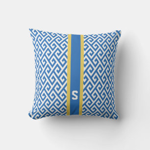 Coussin Chic motifs géométriques clé grecque bleue monogra