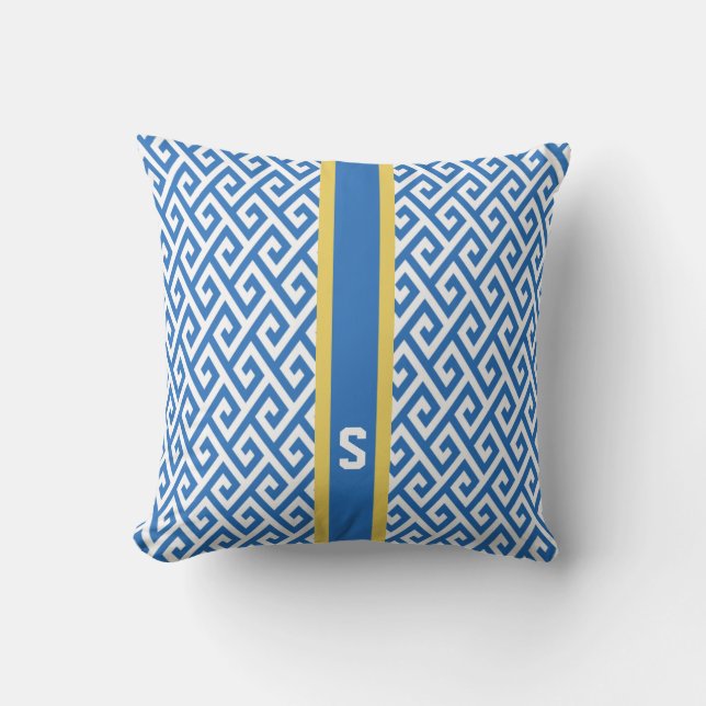 Coussin Chic motifs géométriques clé grecque bleue monogra (Recto)