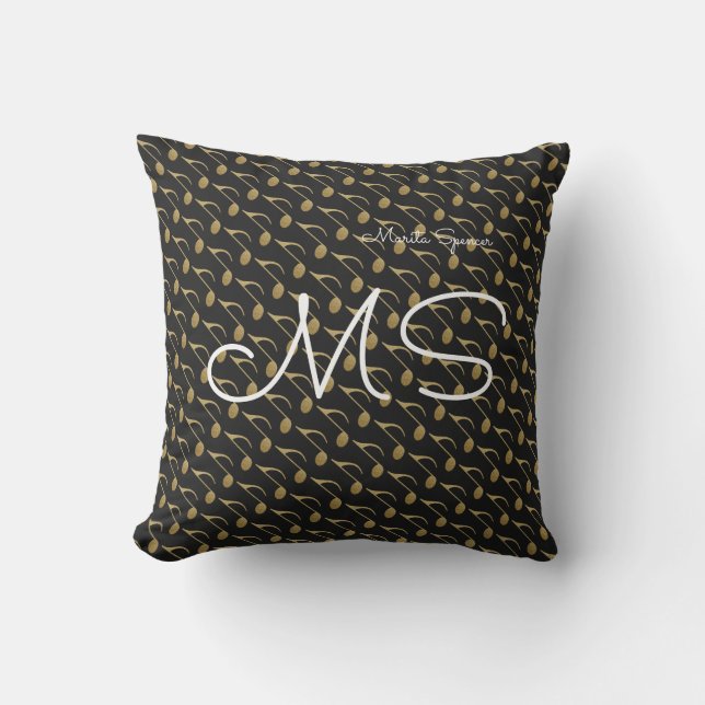 Coussin chic name & initials with music notes , black (Recto)