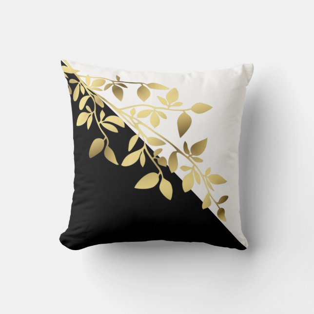 Coussin Chic noir blanc or métal effet branche feuille (Recto)