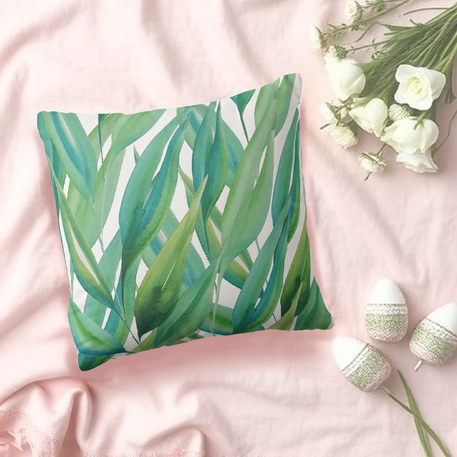 Coussin Chic Ocean Green Plantes d'aquarelle bleu (Créateur téléchargé)