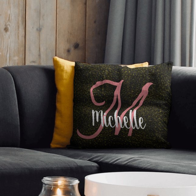 Coussin Chic or étincelle rose monogramme féminin unique (Créateur téléchargé)
