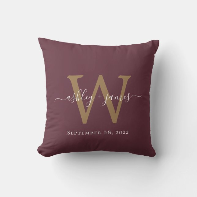 Coussin Chic or Monogramme Bourgogne Mariage Date Keepsaké (Recto)