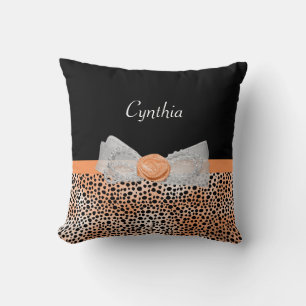 Coussin Chic Orange Cheetah Imprimer mignon Rose Bow et no