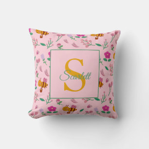 Coussin Chic Pink Bee et Floral Design Nom & Monogramme