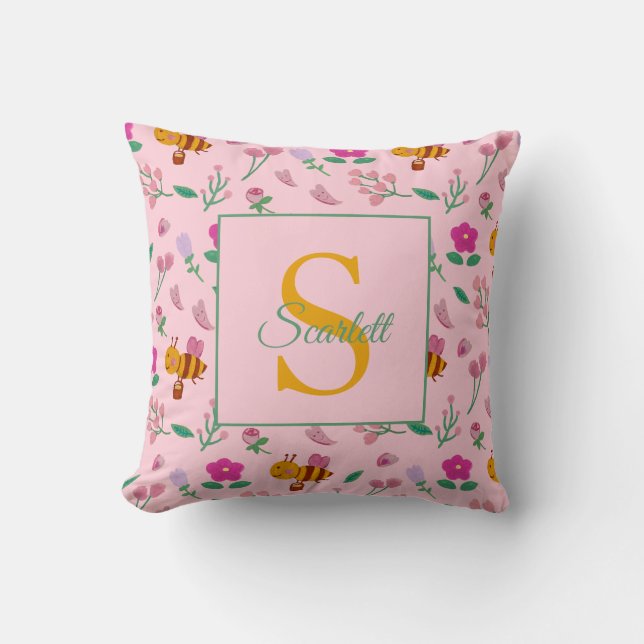 Coussin Chic Pink Bee et Floral Design Nom & Monogramme (Recto)