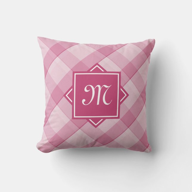 Coussin Chic Pink Plaid Avec Monogramme Diagonal Moderne (Recto)