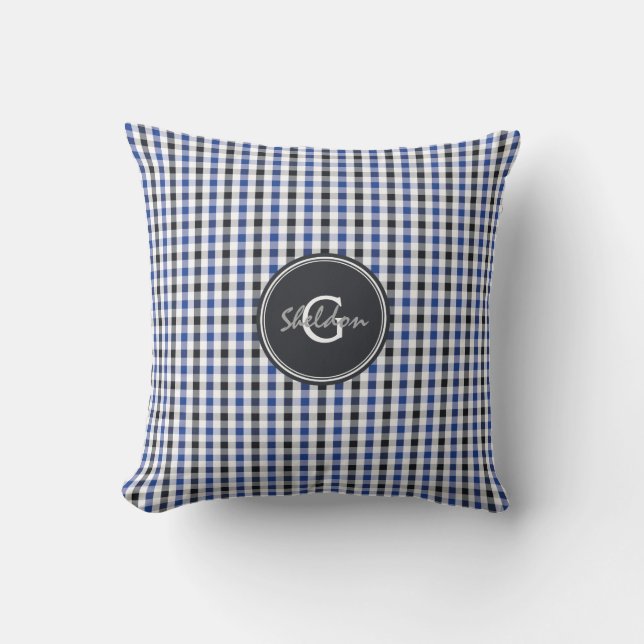 Coussin chic preppy bleu noir en vichy motif monogramme (Recto)