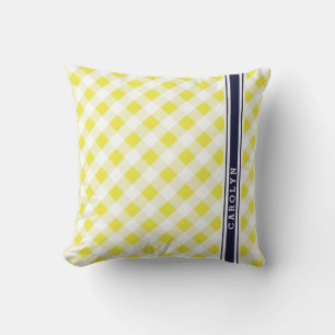 Coussin chic preppy jaune marine en vichy motif monogramme