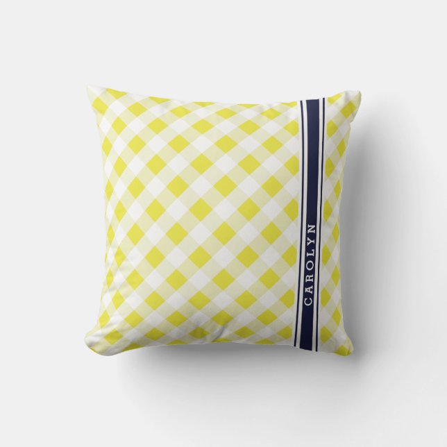 Coussin chic preppy jaune marine en vichy motif monogramme (Recto)